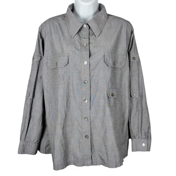 Chicos Gray 100% Cotton Roll Tab Sleeve Utility Button Down Shirt Size 3 XL - Picture 1 of 10